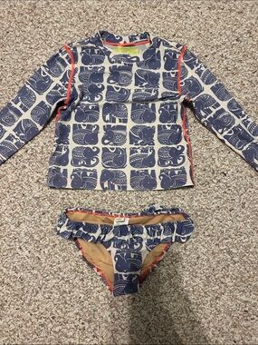 Crewcuts Navy and Cream Elephant Print Rashguard Bikini Set